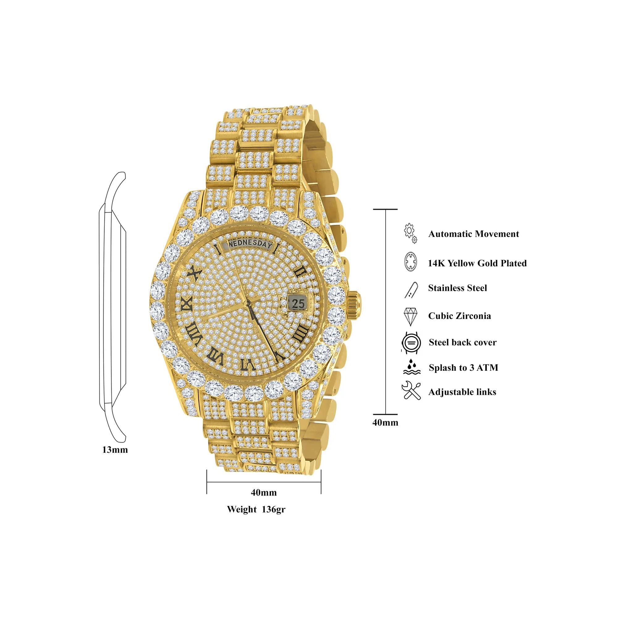.iced-out. Orologio automatico in acciaio inossidabile CZ - Oro, Oro, Bracciale