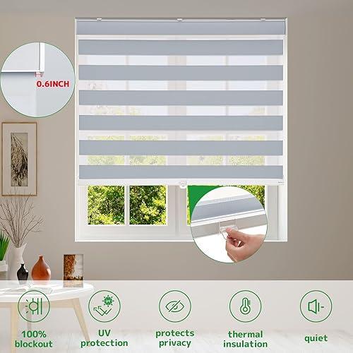 Vista 6 de Persianas enrollables opacas sin cordones con diseño de cebra para ventanas, de doble capa o control de luz de privacidad, persianas de ventana