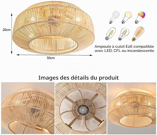 Ventilateur De Plafond Vintage En Rotin Et Bambou Avec Éclairage E27 Et Télécommande - Plafonnier Silencieux, 6 Vitesses, Pour Salon, Salle À Manger - 4