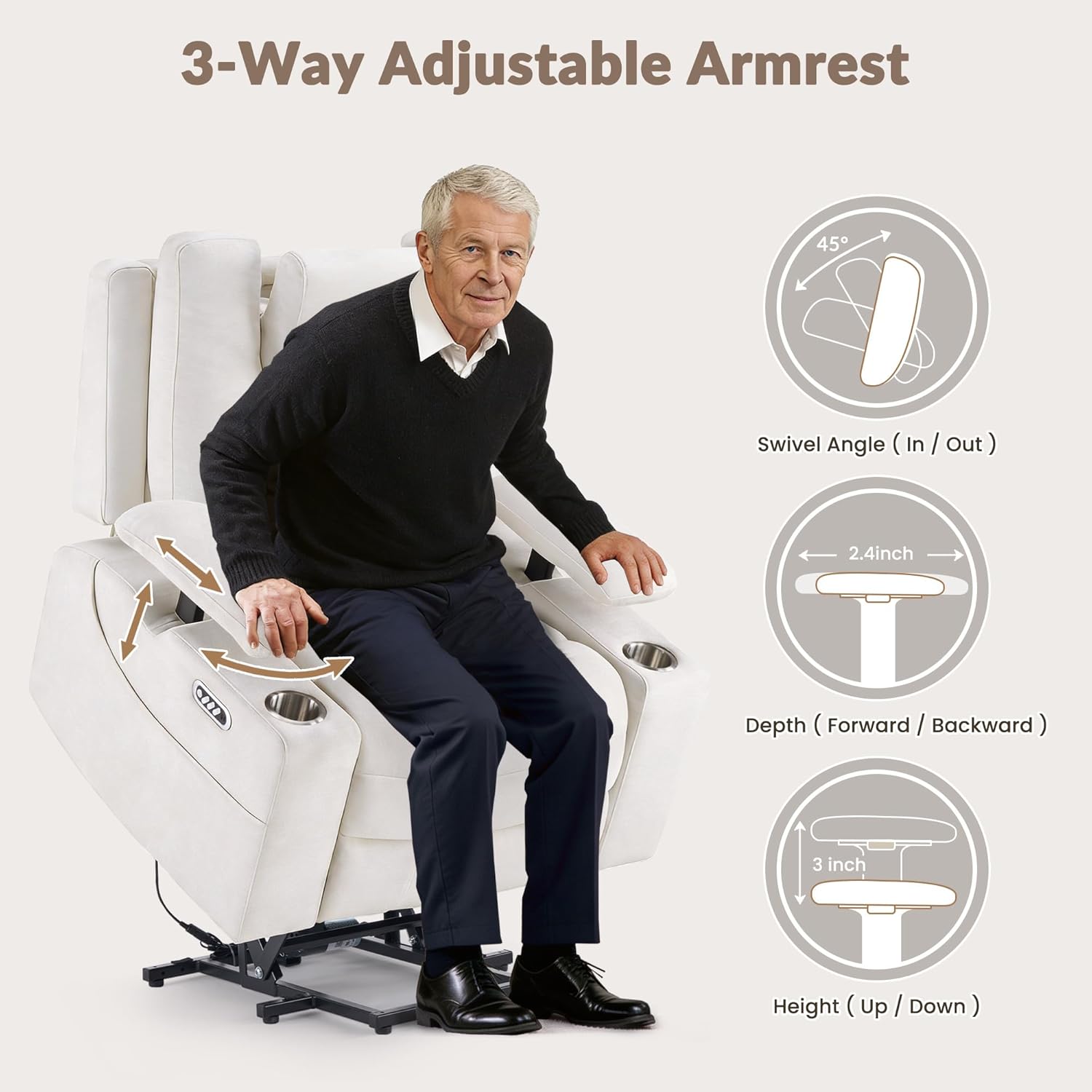 GRAINELL 4-Motor Power Lift Recliner Chair with Independent Backrest & Footrest Adjustment, Adjustable Headrest & Armrests, Massage & Heat for Elderly, USB, Cup Holders, Beige