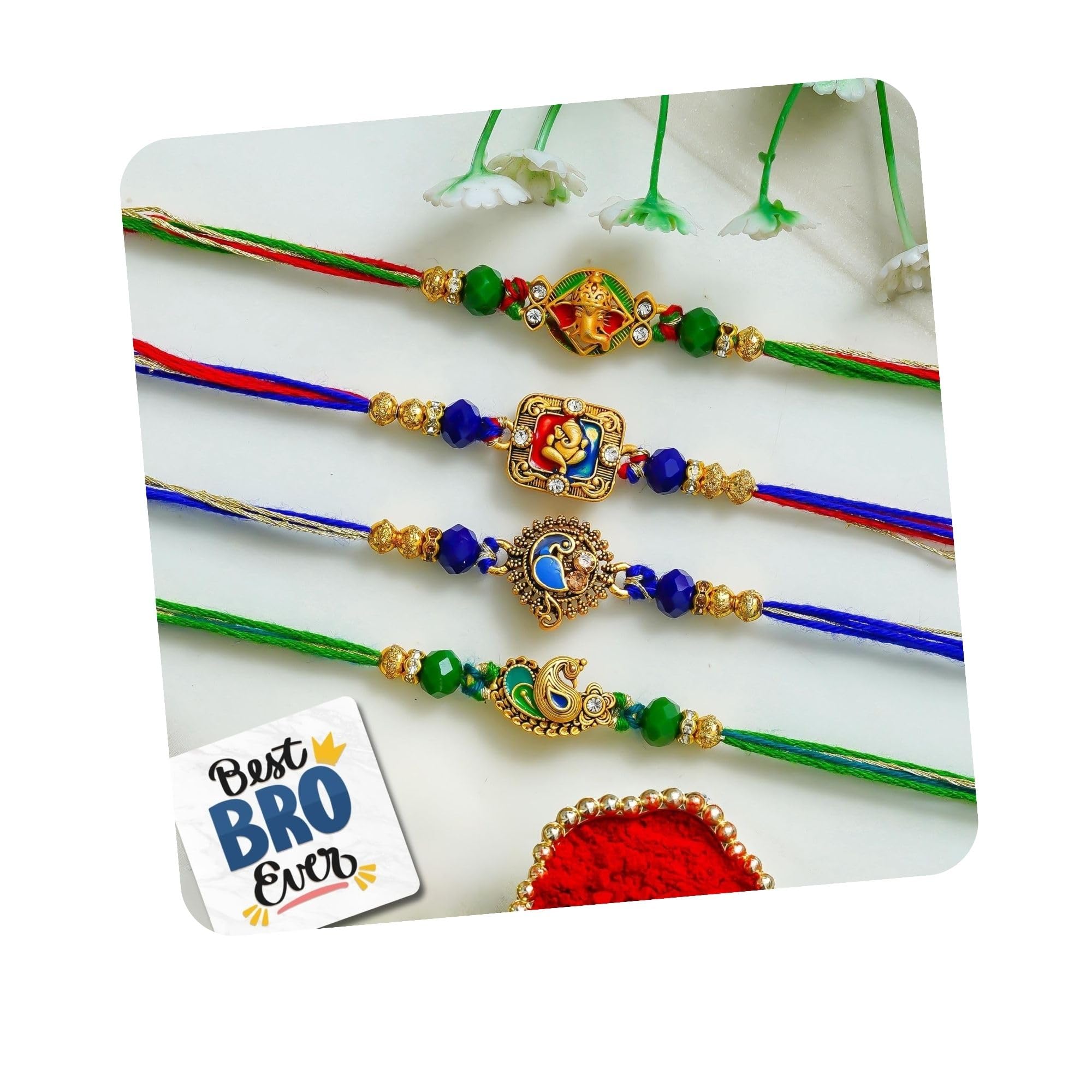 eCraftIndia Set of 4 Ganesha and Peacock Designer Rakhis | Best Bro Ever Fridge Magnet | Roli Chawal Pack | Rakhi for Brother Bhaiya Bhai Bhabhi Kids