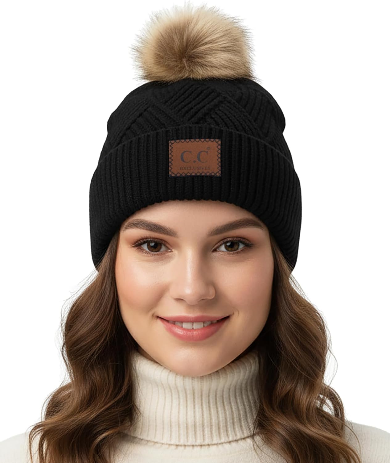 Funky Junque Women’s Pom Pom Beanie – Soft Knit Winter Hats for Women & Teens, Warm Fashionable Beanie with Faux Fur Poms
