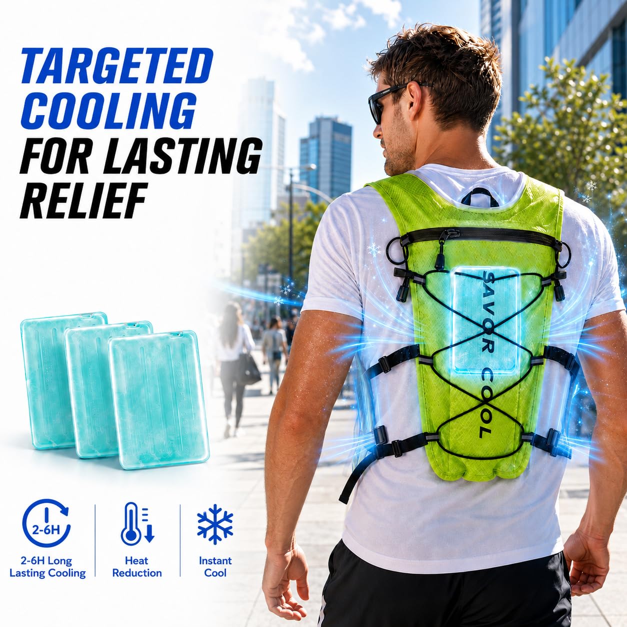 Gilet de course rafraîchissant avec poche d'hydratation de 2 l, sac à dos d'hydratation de 10 l, 3 packs de refroidissement, système de refroidissement de 180 min, réfléchissant, pour