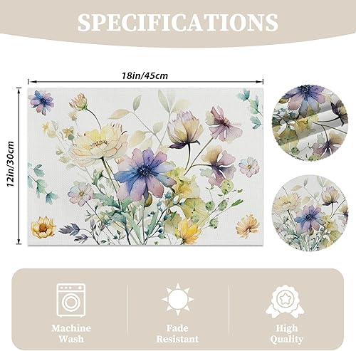 Miniatura 2 de AOFOTO Juego de 4 manteles individuales florales con estampado de acuarela azul, amarillo y hojas verdes, manteles individuales rectangulares