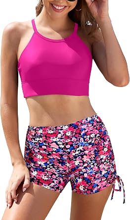 SHEKINI Womens 2 Pieces Swimsuits Crisscross Bikini Top Tummy Control Side Tie Boyshorts