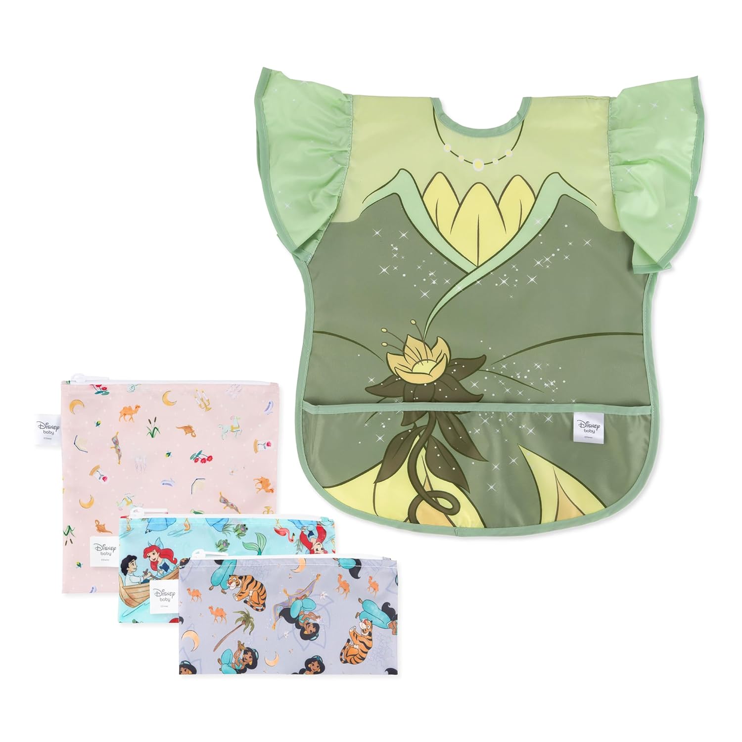 Bumkins Disney Ruffle Apron Bib and 3-pack Snack Bags, Waterproof Fabric, Tiana