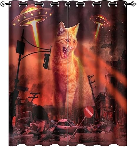 Miniatura 1 de Divertidas cortinas opacas con diseño de gato alienígena para dormitorio, gato y ovni destruye la ciudad, con ojales y aislamiento térmico, para