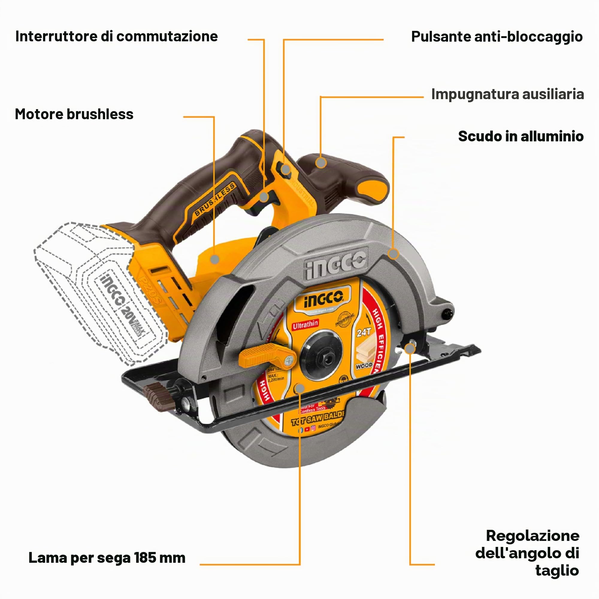 INGCO Sega circolare senza fili 20 V (Solo prodotto), diametro 185 mm, seghe elettriche senza spazzole 4800 giri/min, profondità di taglio massima 65 mm CSLI1851