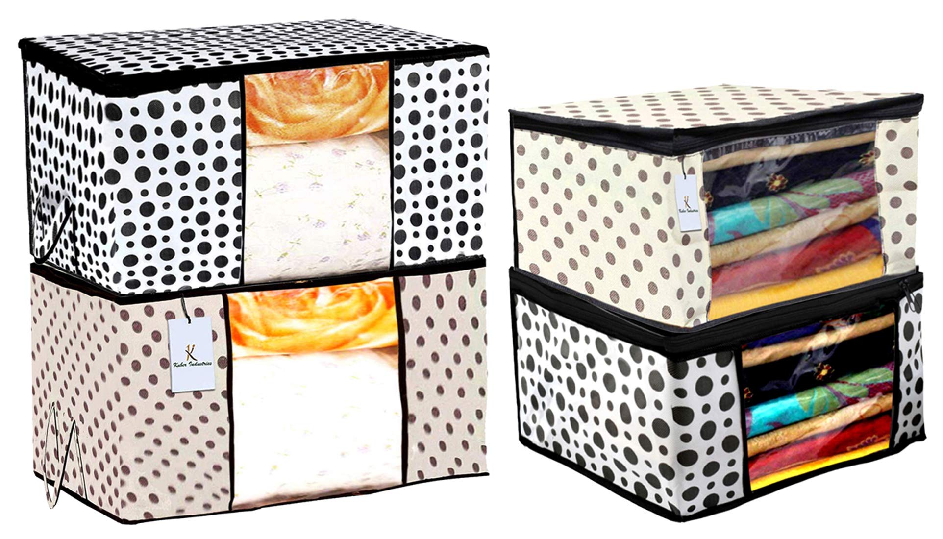 Kuber Industries Polka Dot Design 2 Piece Non Woven Saree Cover and 2 Pieces Underbed Storage Bag, Storage Organiser, Blanket Cover, Cream & White -CTKTC042365