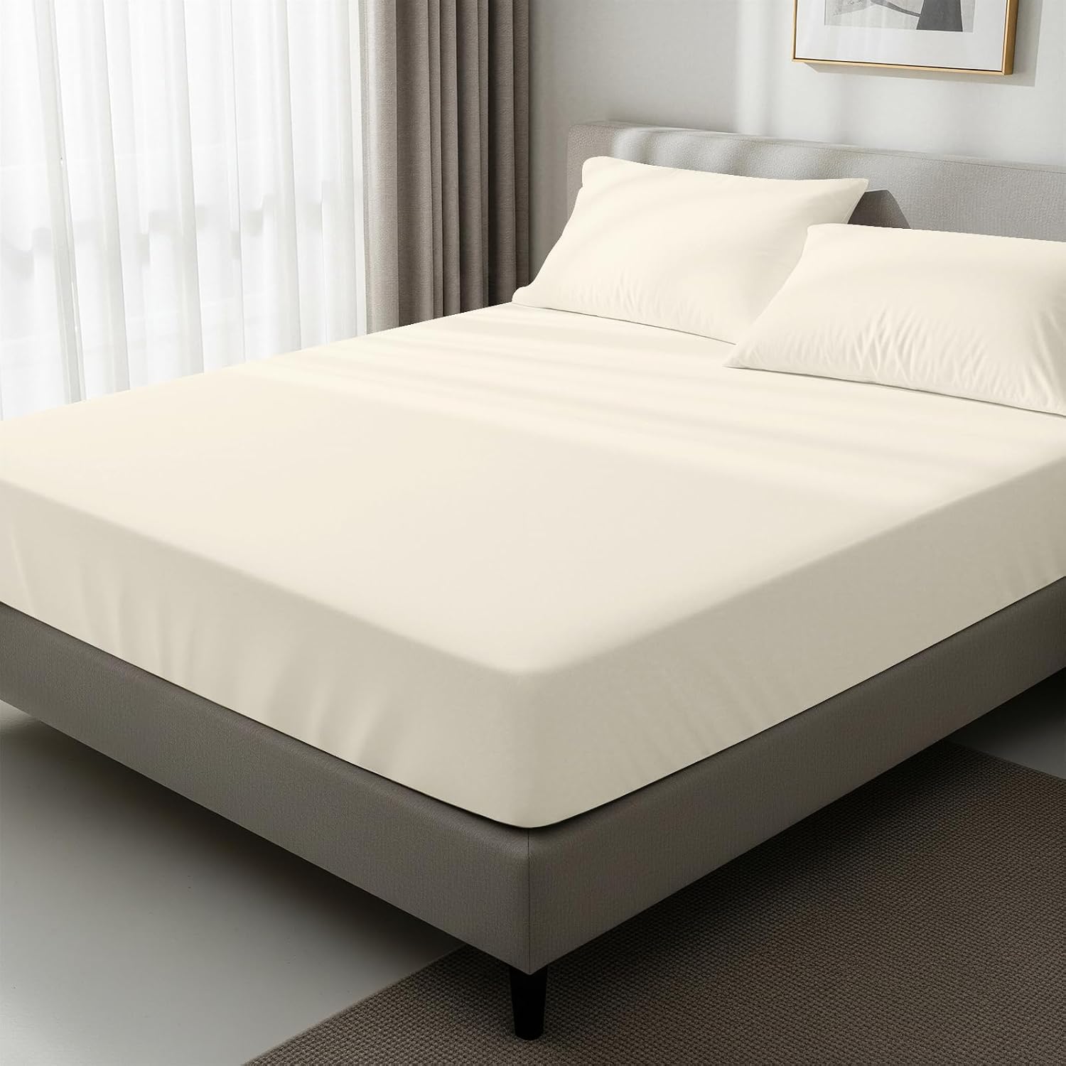 Pizuna Pure 100% Cotton King Fitted Sheet Only, 600 Thread Count Long Staple Cotton Crisp Sateen Weave 15inch Deep Pocket Fitted Sheet (Combed Ivory King Fitted Sheet Cotton)