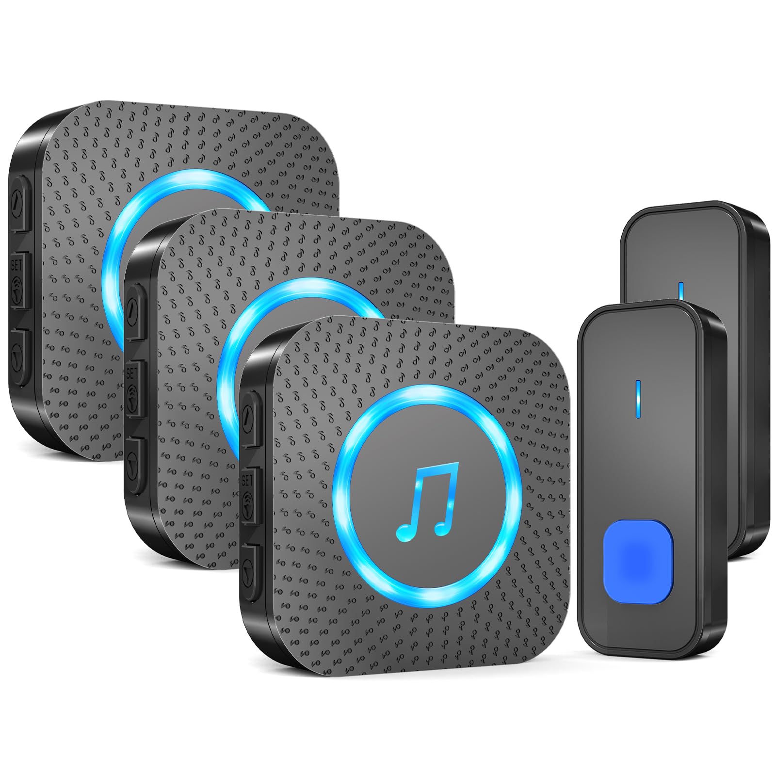 AIMAX Funkklingel mit 2 Sender und 3 Empfänger,klingel Haustür kit,400m Hohe Reichweite, IP55 Wasserdicht, 55 Klingeltöne, 5 Lautstärkestufen Mit LED-Blitz,kabellose Installation,Schwarz