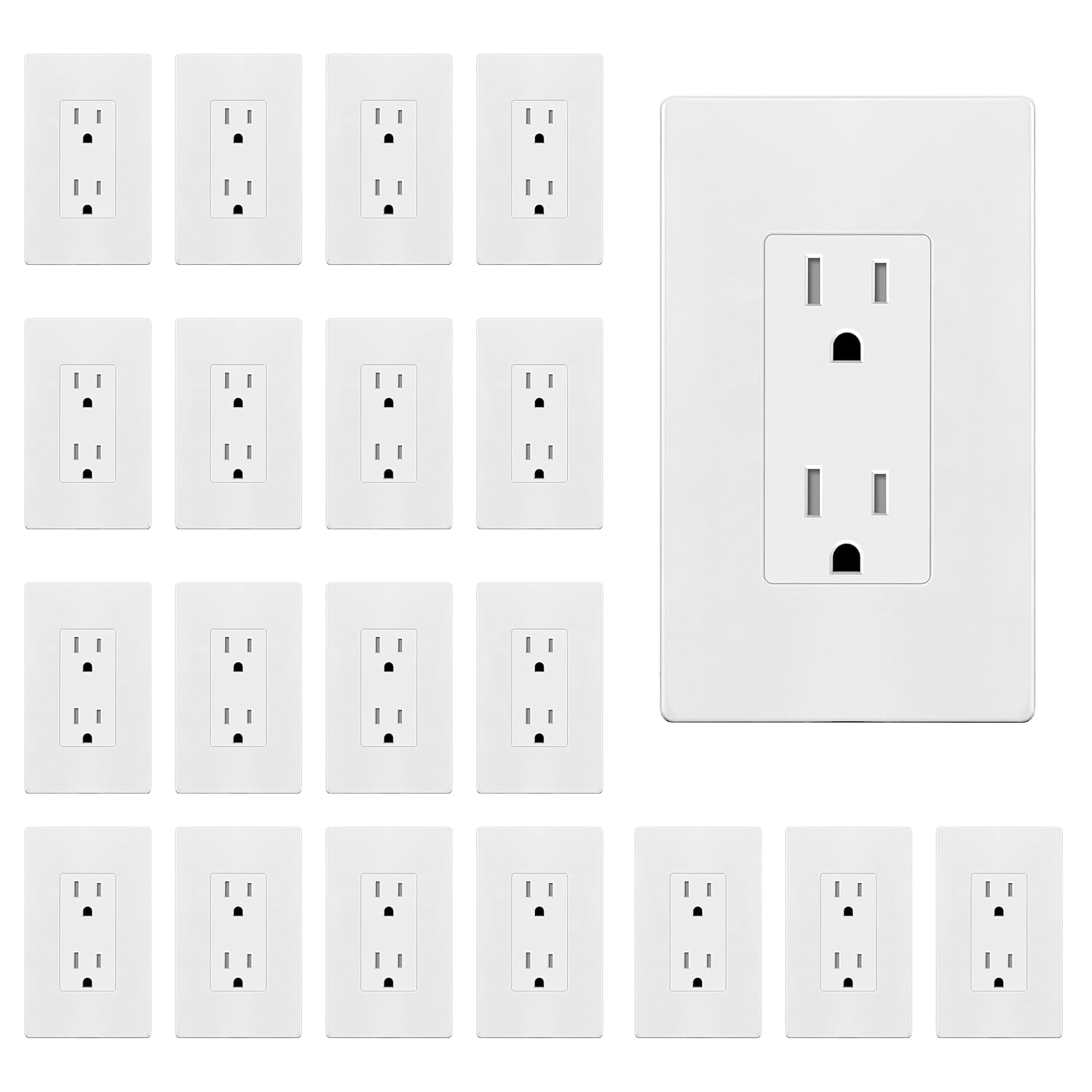 (Incomplete) ENERLITES 20 Pack White Decorator Receptacle with Screwless Wall Plate, Standard Electrical Wall Outlet, 15A 125V, Self-Grounding, 2-Pole, 3-Wire, 5-15R, UL Listed, 61502-TR-WSID, Tamper Resistant Wall Plate Included Glossy White 20