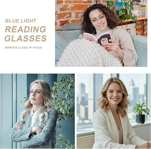 Miniatura 5 de AQWANO Anteojos de lectura sin montura para mujer, diseño de moda, bloqueo de luz azul, UV400, protegen a lectores clásicos y elegantes sin marco,