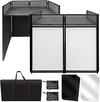 AxcessAbles Portable DJ Facade Booth with Black and White Lighting Scrims, Carry Cases | Standing DJ Table - 40" x 20" | DJ Controller Stand | Recording Mixer Stand | DJ Booth ES-01