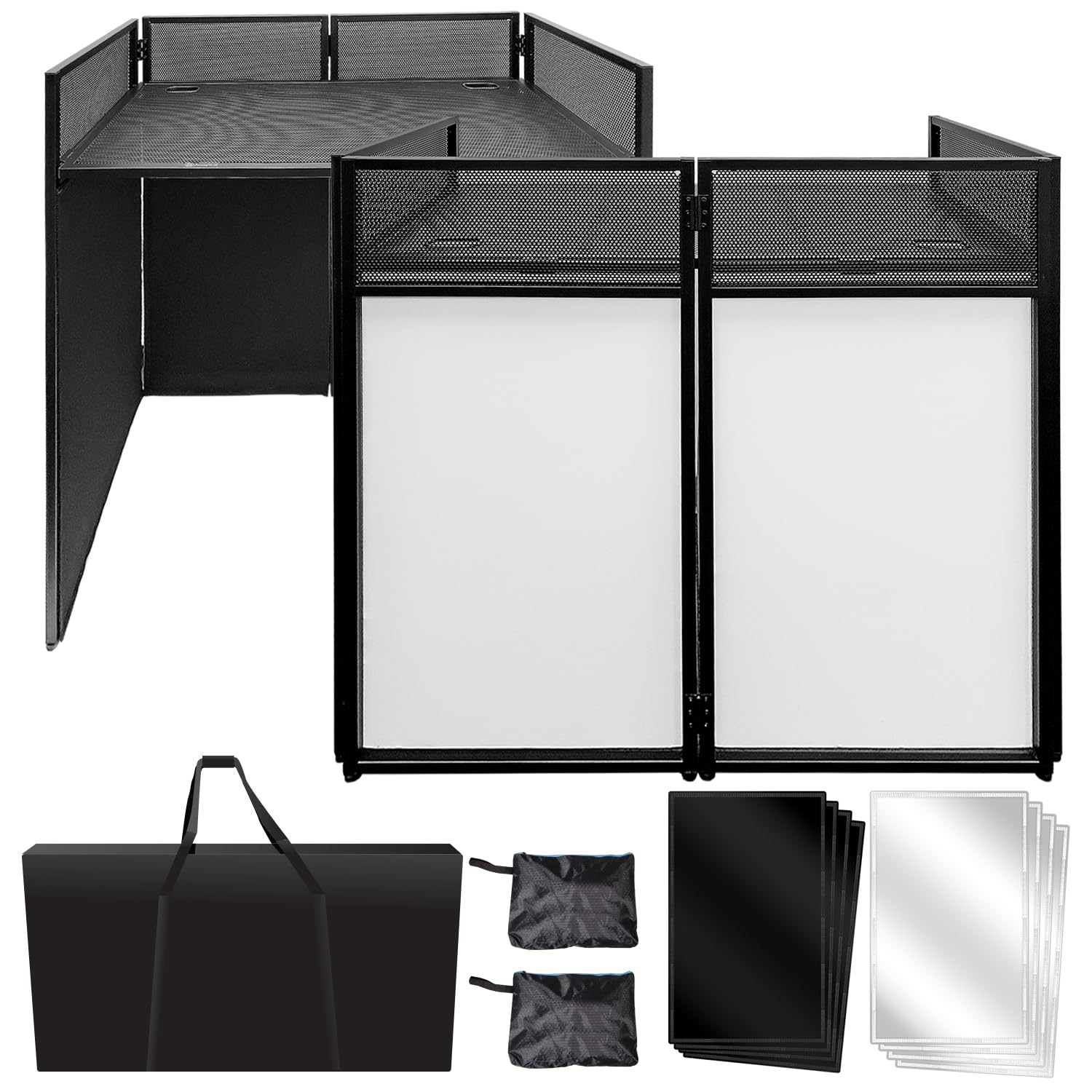 AxcessAbles Portable DJ Facade Booth with Black and White Lighting Scrims Carry Cases Standing DJ Table - 40
