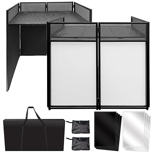 AxcessAbles Portable DJ Facade Booth with Black and White Lighting Scrims, Carry Cases | Standing DJ Table - 40" x 20" | DJ Controller Stand | Recording Mixer Stand | DJ Booth (ES-01)