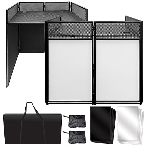 AxcessAbles Portable DJ Facade Booth with Black and White Lighting Scrims, Carry Cases | Standing DJ Table - 40" x 20" | DJ Controller Stand | Recording Mixer Stand | DJ Booth (ES-01)