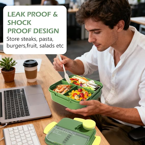 Single Layer Bento Box with 3 Compartments, 1400ml Lunch Box with Cutlery Set, Portable Dinner Snack Boxes Food Containers for School Work Men Women Students Microwave Dishwasher Safe (Green)