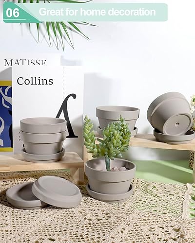 Miniatura 6 de vensovo Macetas de terracota gris de 5.7 pulgadas para suculentas poco profundas, paquete de 6 macetas de arcilla terracota con platillo, macetas de