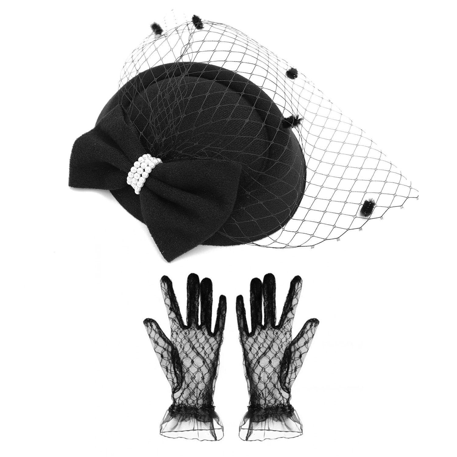 Nidhfg Unisex Black 1 Piece Of Retro Hair Accessories And 1 Pair Of Lace Gloves, Ele And Simple Hair Accessories, Clothing Accessories, Suitable For Tea Parties, Weddings, Dance Parties.