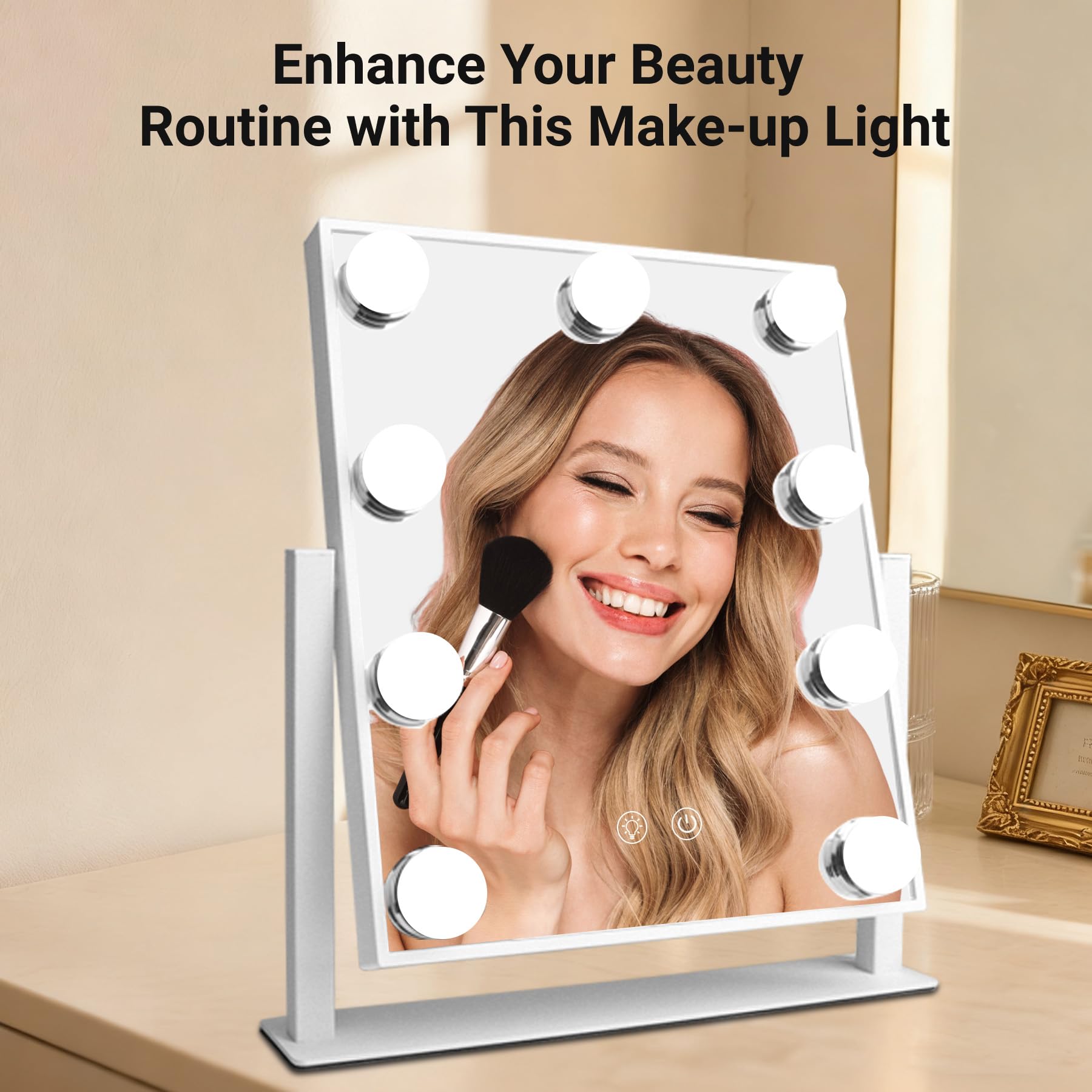 sylvwin Hollywood Specchio per il Trucco con 9 Luci LED - Ruotabile a 360°,3 Temperature di Colore Regolabili (3000K/4000K/6000K) Specchio Tavolo,Controllo Touch,Dimmerabile,Specchio di Vanità Plug-in