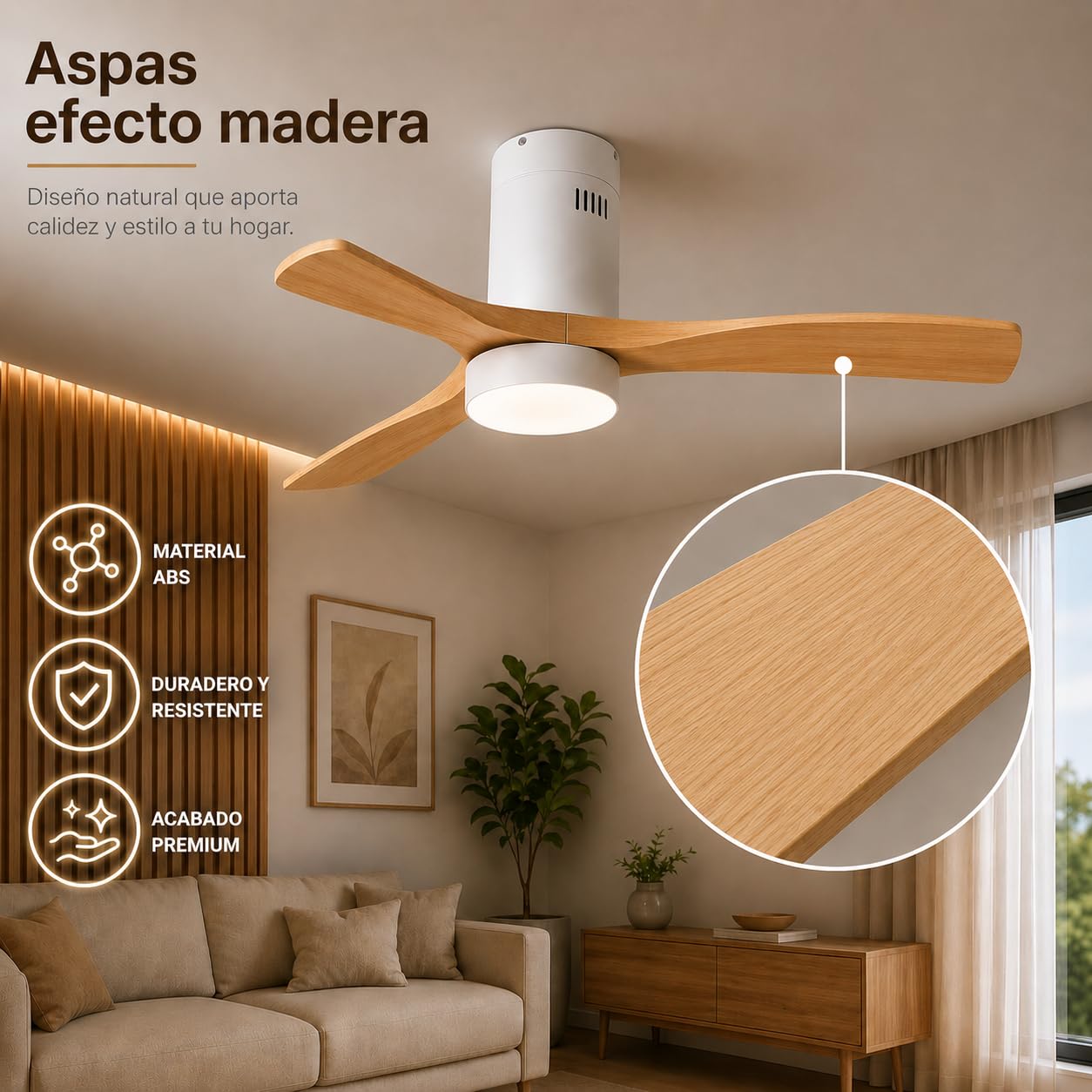 M Ledme - Wentylator sufitowy LED Energy 58 W, biały, pilot zdalnego sterowania, silnik prądu stałego 40 W + światło LED 18 W, 6 prędkości, cicha, 3 łopatki z naturalnego drewna, 132 cm, funkcja
