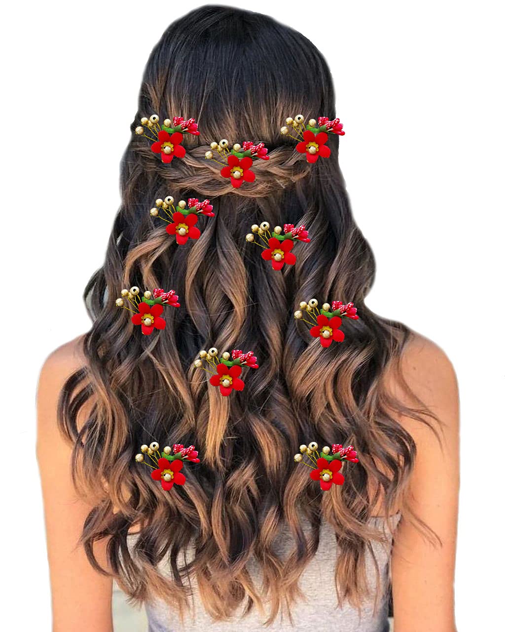 Hair Flare Round Shape Flower with Golden Pearl Hair Pin/Wedding Hair Accessories/Hairclip/Juda Pins for Women and Girls- 2206, Red, Pack of 10 pins