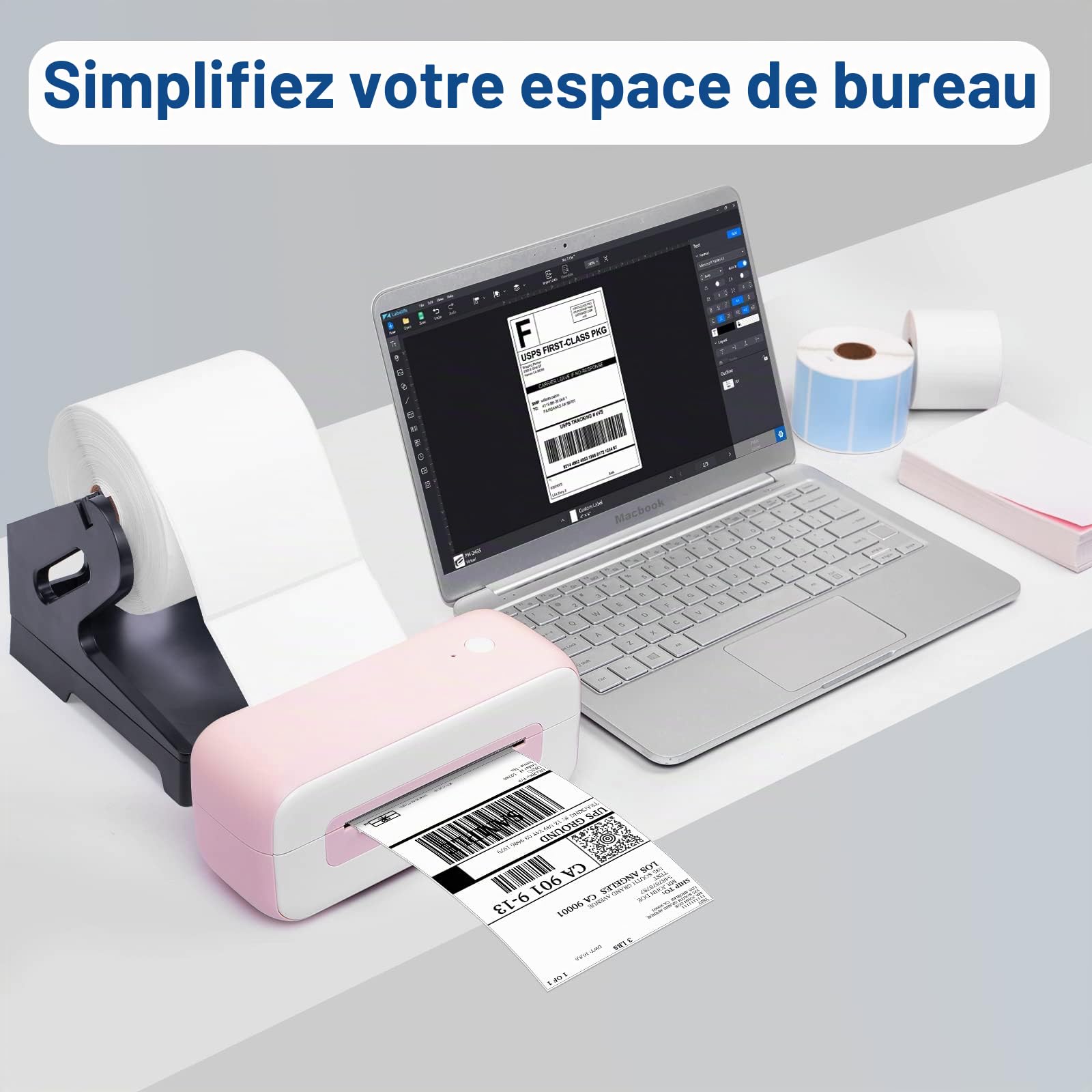 Phomemo Kit d'Impression Thermique : Porte-Étiquettes 2-en-1 & 2 Rouleaux d'Étiquettes d'Expédition 4x6 (1000 Étiquettes) - Compatible avec MUNBYN, Phomemo, Rollo - Imperméable, Sans BPA
