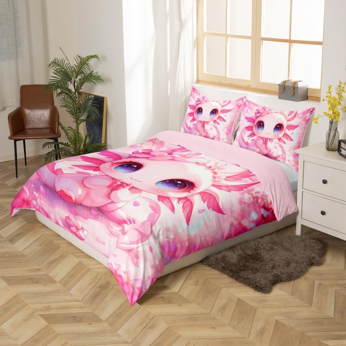 Homewish Kids Kawaii Axolotl Bedding Set Double Cartoon Sea Creature Comforter Cover Pink Cherry Blossoms Duvet Cover Wildlife Animals Reptile Bed Cover For Kids Girls Boys Bedroom Decor - Image 3