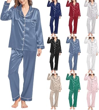 Silk Pajamas for Women Set Classic Button Down Pjs Satin Pajama Long Sleeve Sleepwear 2 Piece Lounge Sets M-5XL