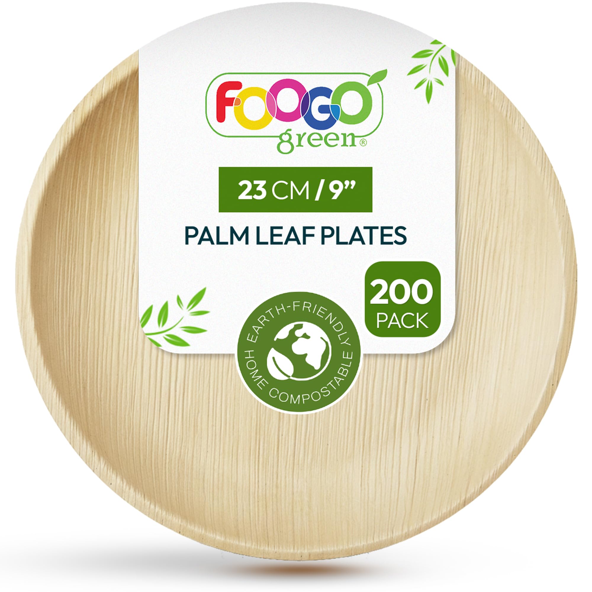 FOOGO Green 200pcs Disposable Palm Leaf Plates 9"(23cm), Large Round, Eco Friendly Biodegradable Compostable Like Wooden, Bamboo, Paper Plates, for Hot Food Picnic Parties