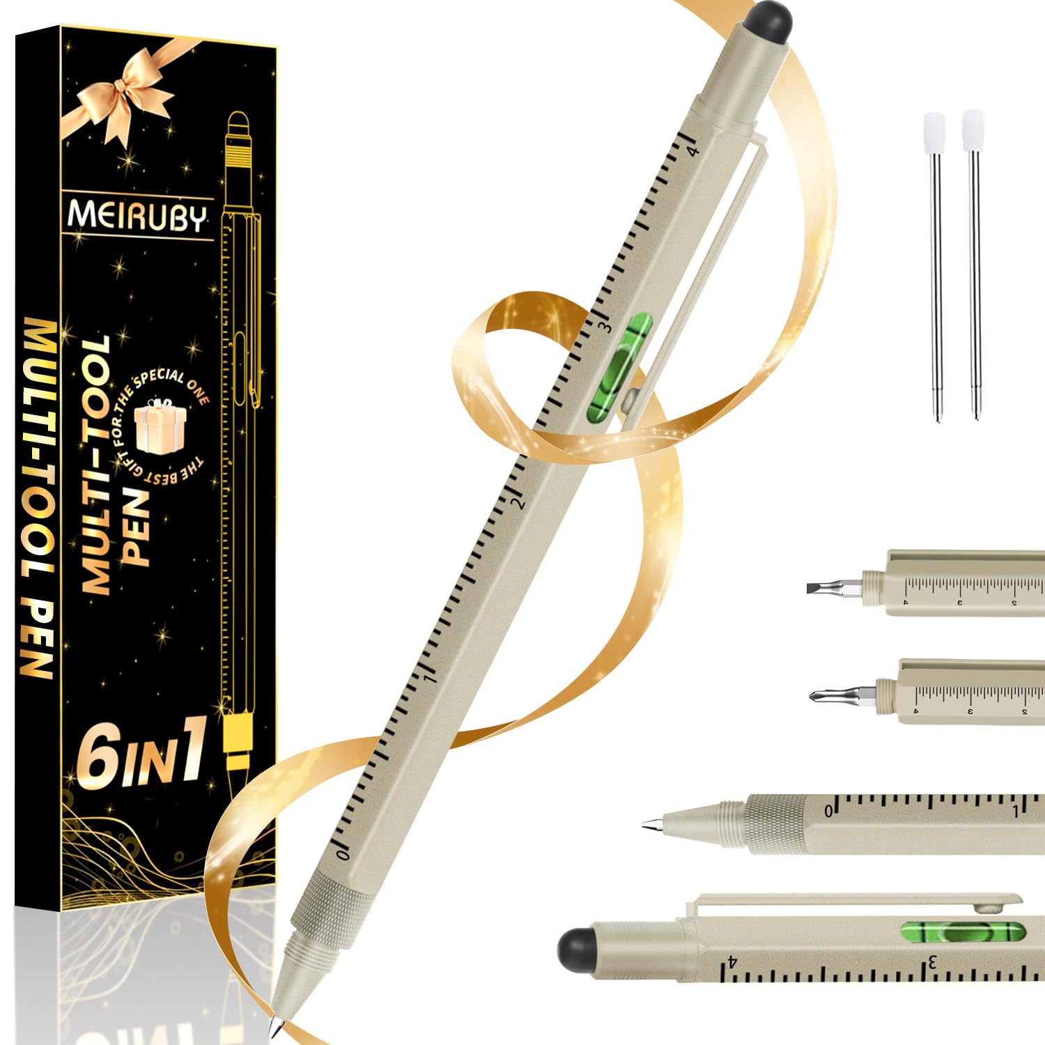 MEIRUBY 6-in-1 Multitool Pen – Stocking Stuffer For Men, Dad Gifts From Daughter/Son/Wife – Stylus, Ruler, Bubble Level & 2 Screwdrivers