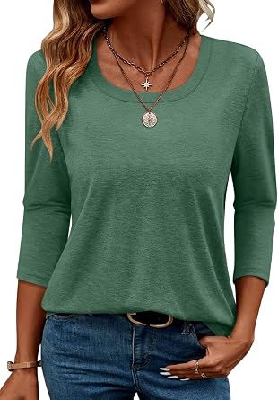TICTICMIMI Womens 3/4 Sleeve Tops Square Neck Summer T Shirts Casual Dressy Blouse Solid Color Basic Tees