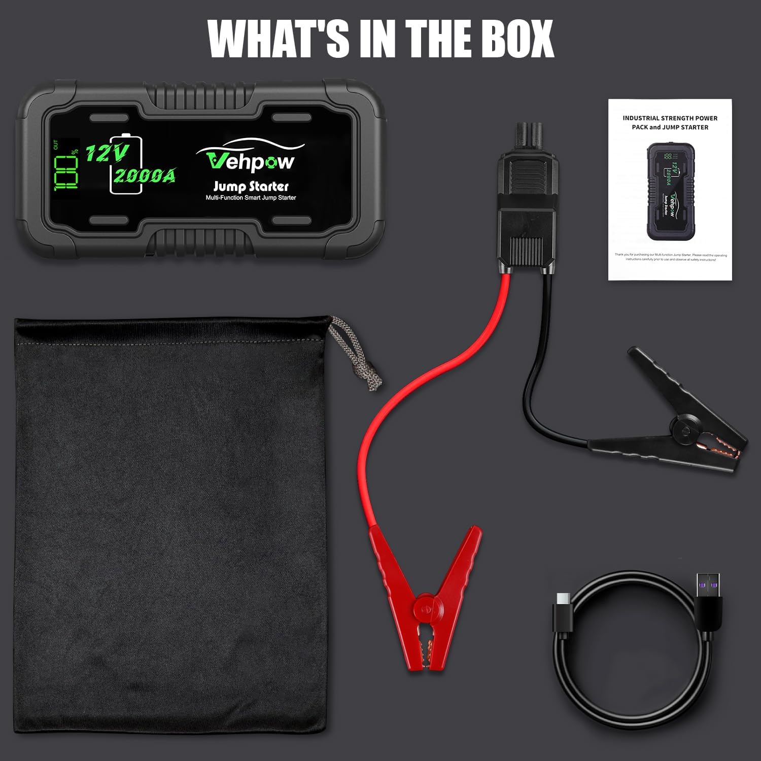 2000A Jump Starter, Car Battery Jump Starter - 12V Lithium Booster Pack, 20000mAh Portable Jump Box, Power Bank & Emergency LED Light, Jumper Cables - for 8.0L Gas and 6.0L Diesel Engines