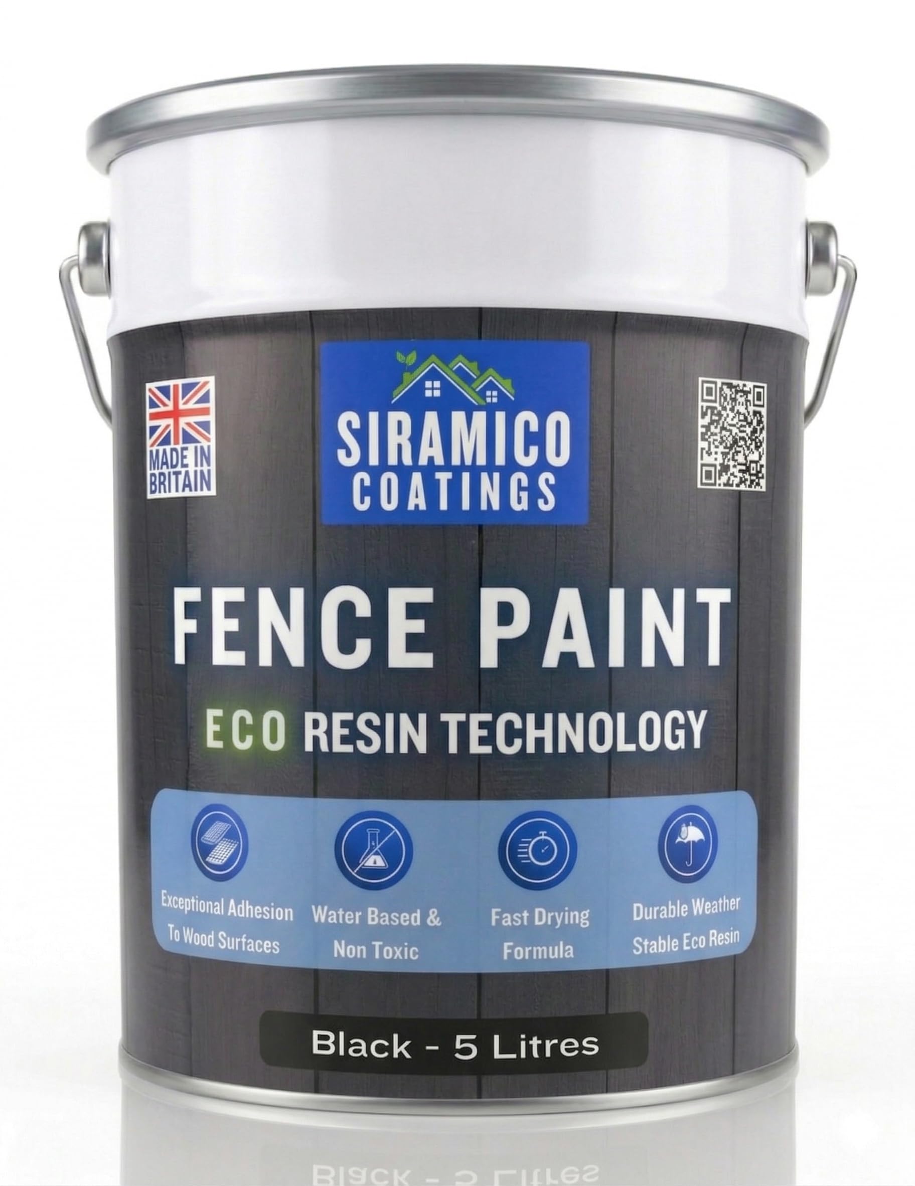 Siramico Coatings Black Fence Paint | 5 Litres | Waterbased Eco Resin Technology | 6 Luxury Colours | Smooth Matt Finish For Outdoor Wood Protection | 10 Year Colour Guarantee (Black)