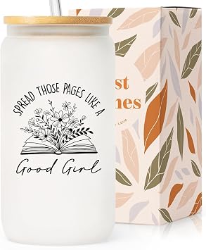 SteadStyle Book Lovers Gifts - 16oz Glass Cups with Lid & Straw | Birthday Bookish Presents for Readers Librarian Bookworm Reading Accessories & Book Club Gifts