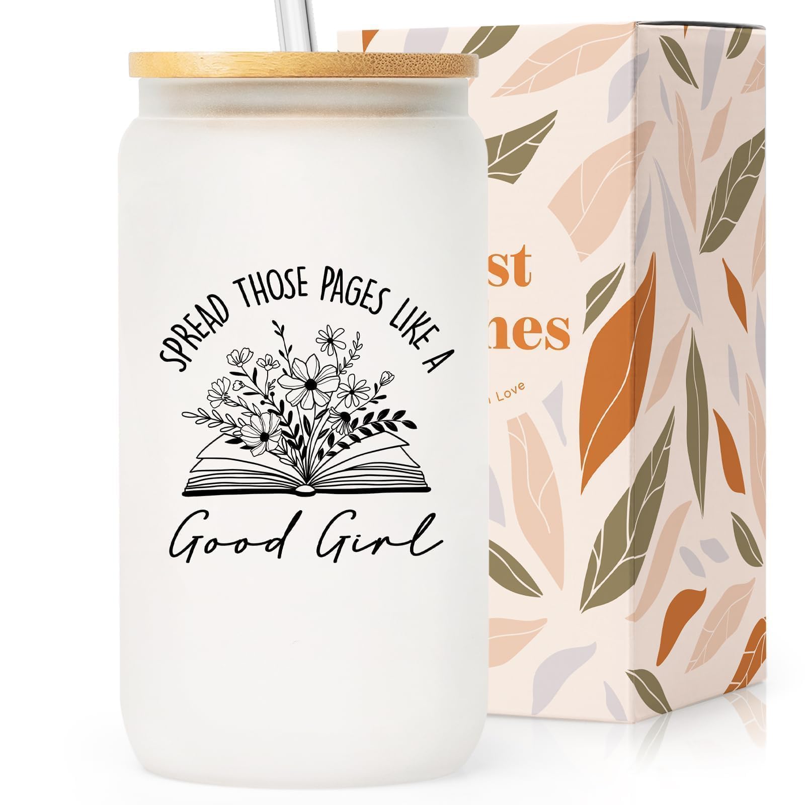 SteadStyle Book Lovers Gifts - 16oz Glass Cups with Lid & Straw