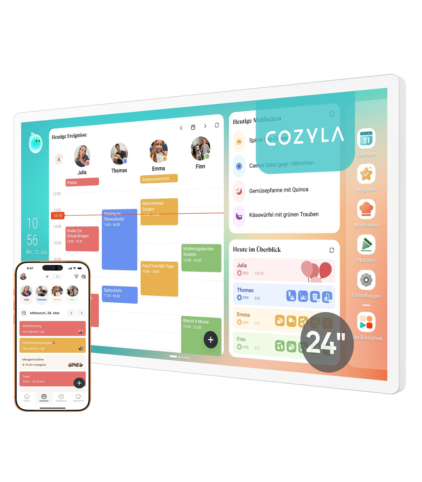 Cozyla Calendar Plus 2 24 Zoll Digitaler Kalender Wand mit Touchscreen, Familienplaner, Echtzeit Sync, Aufgaben- & Belohnungssystem, Essensplaner, Wandhalterung
