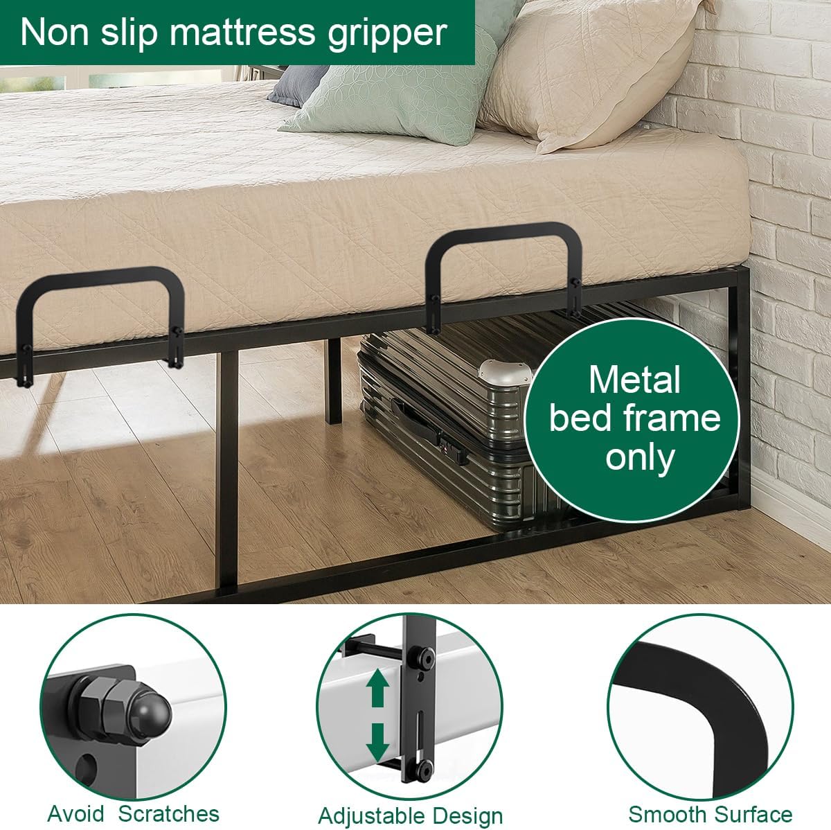 4-Piece Mattress Holder Set, Non-Slip Mattress Clamps, for Metal Bed Frames. Black Color