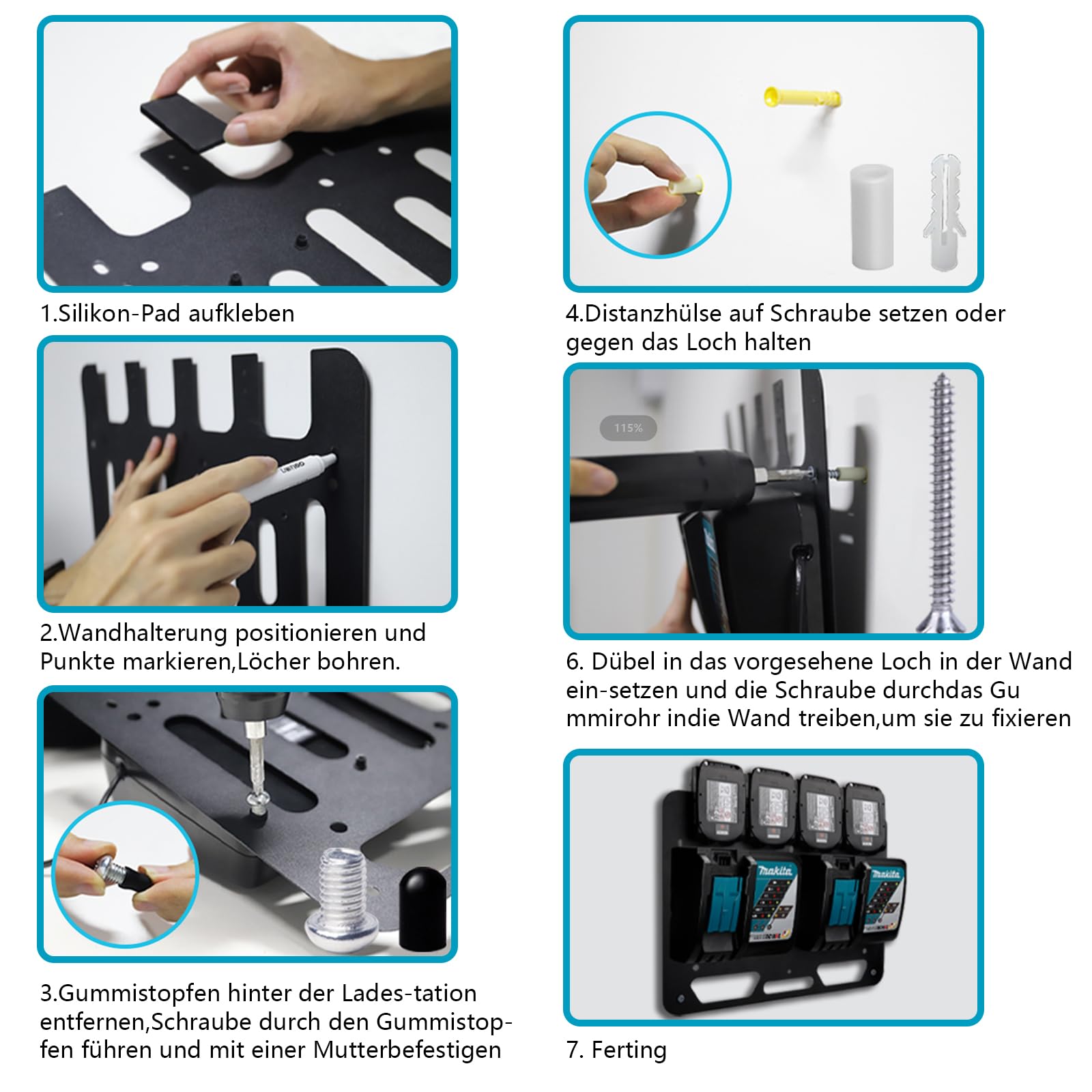 3-in-1 Wandhalterung Für Makita Akkus & Ladegeräte – 4er Akkuhalter, Für 18V/14.4V, Inkl. Bohrerhalter