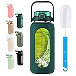 SIEROZUR 64oz Glass Water Bottle with Straw and Handle Lid Half Gallon Motivational Glass Bottle with Silicone Sleeve and Time Marker Large Reusable Sports Water Jug for Gym Home Workout