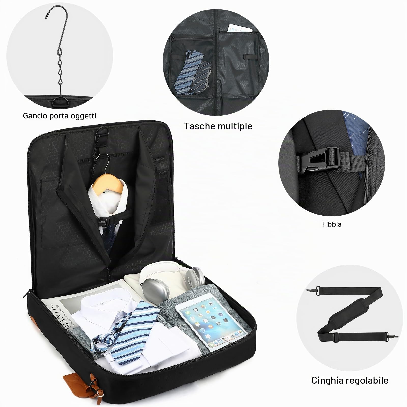 Borsa Porta Abiti da Viaggio per Uomo e Donna Borse Porta Camicie da Viaggio per Viaggi D'affari Valigia Appesa 2 in 1 con Tracolla, adatta a Laptop da 15,6 Pollici, Nero