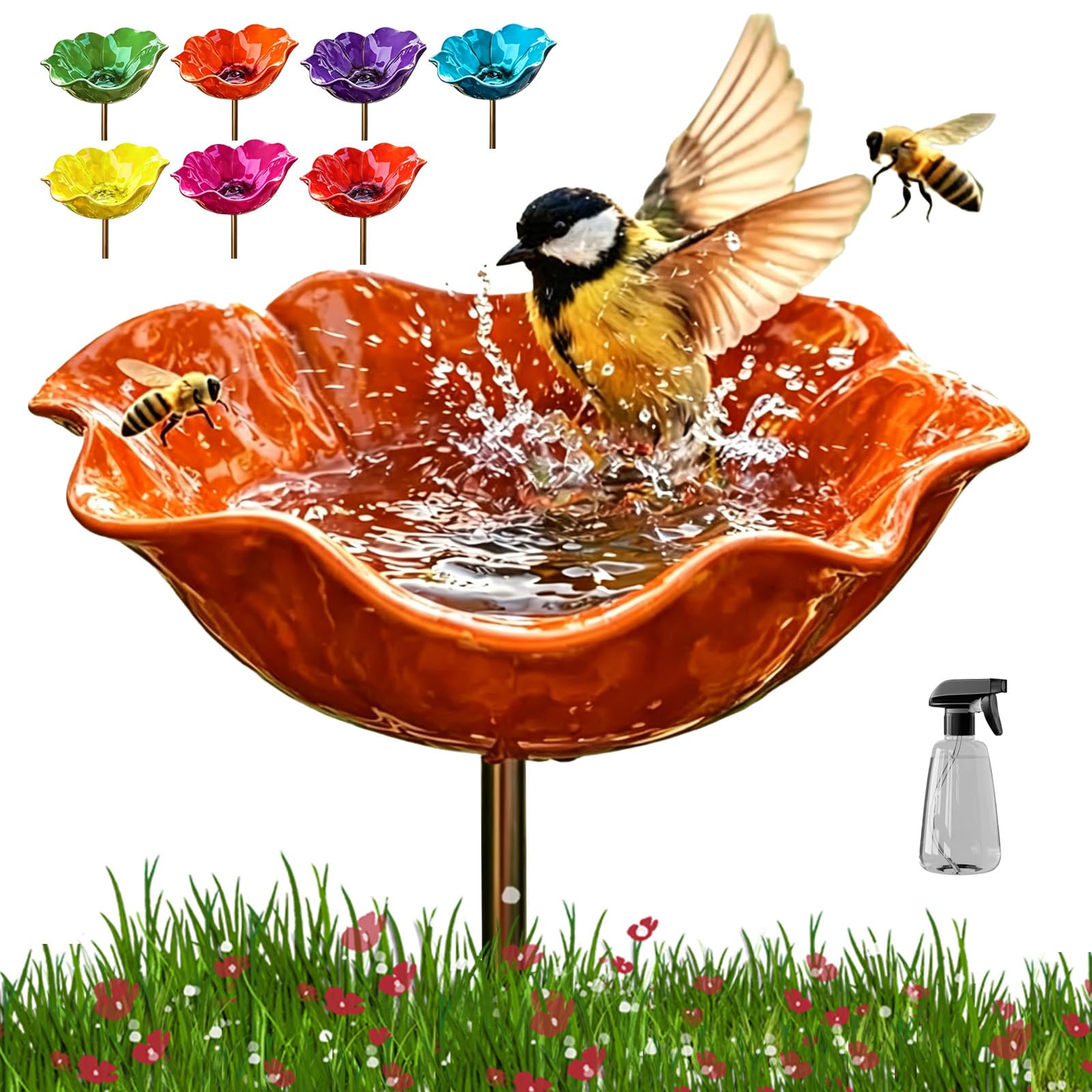 Handmade Metal Flower Garden Stake, Flower-Shaped Bird Bath & Bird Feeder for Nature Lovers, Colorful Butterfly Bee Watering Station for Outdoor Garden Lawn Yard Patio Landscape Decor (Orange)