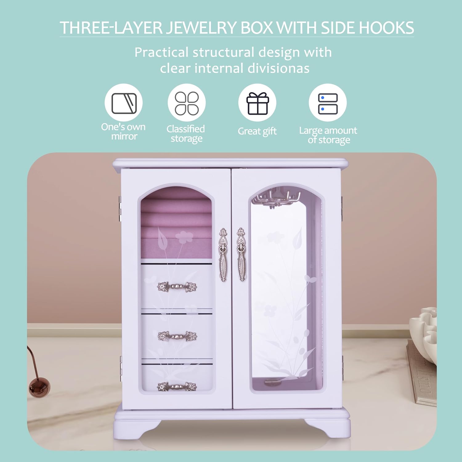 White Jewelry Box,Handle Carving Craft Wooden Jewelry Boxes,With Swivel Hook And Velvet Lining Large Jewelry Box For Women,Suitable As Gift For Friends - Image 6