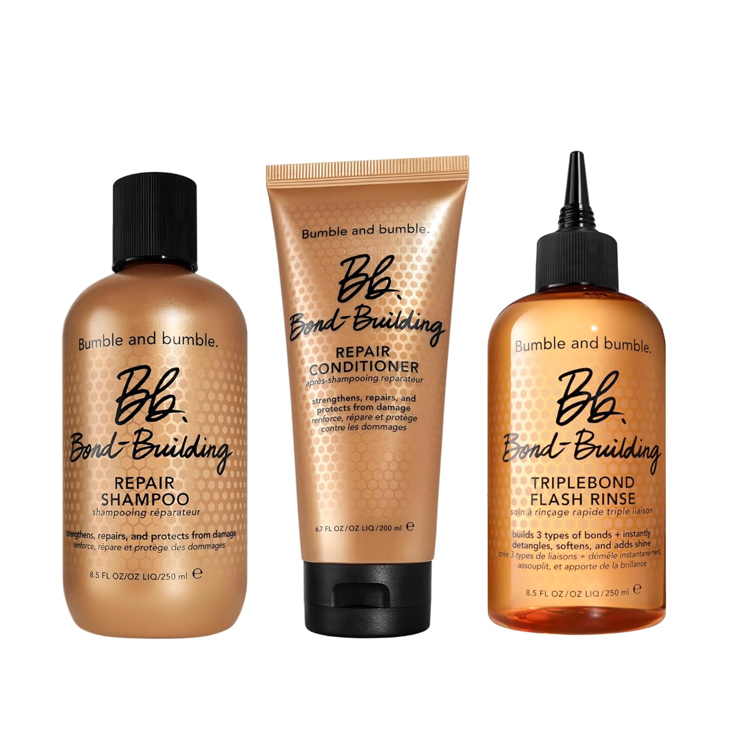 Bumble and bumble. Bond-Building Hair Repair Shampoo, Conditioner + TripleBond Flash Rinse Set | For Damaged Hair | Anti Frizz + Adds Shine | Curly, Wavy, Straight