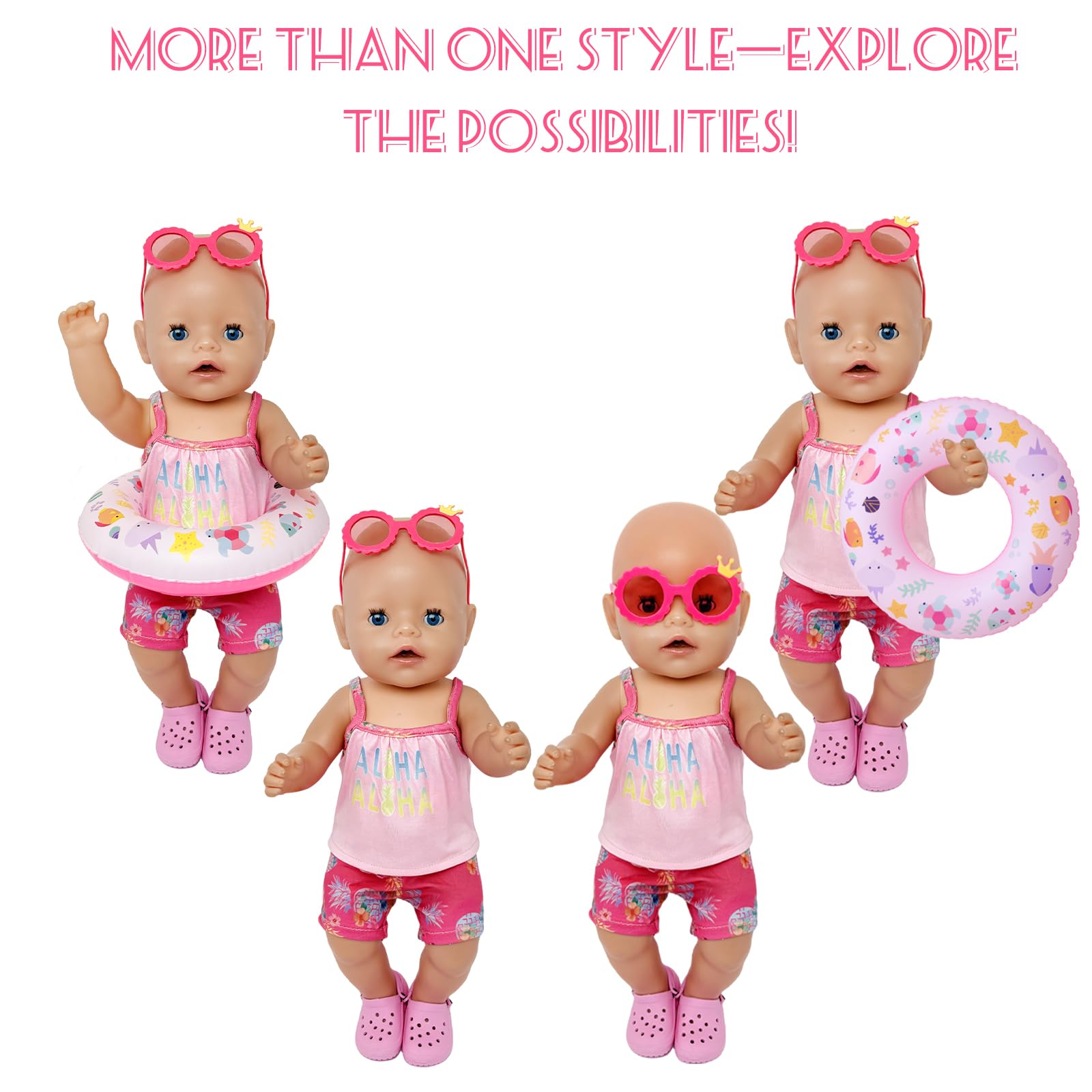 Atomvia 6-piece Swimming Baby Doll Clothes 43 cm Swimsuit for Dolls Swimming Set for Dolls Swimsuit Doll Set Pink with Swimming Ring Shoes Clothes Hanger and Sunglasses(Without Doll) - Image 2