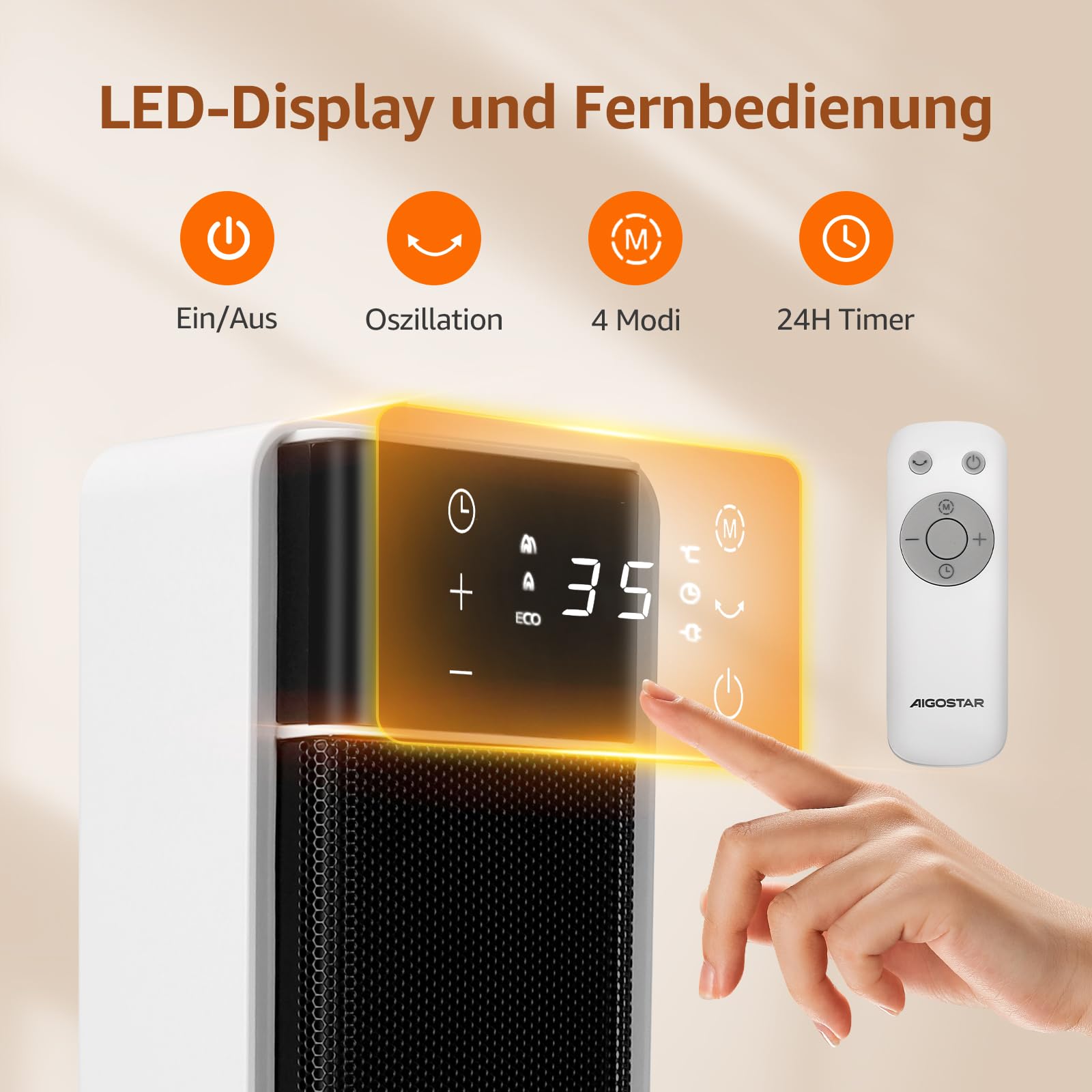 Aigostar Leiser Keramik Heizlüfter mit Thermostat, Fernbedienung, ECO-Modus | 2000W PTC Energiesparend Elektroheizung, 70° Oszillation, Überhitzungs- & Kippschutz, 24h Timer, Heaters for Room, 2 Stück