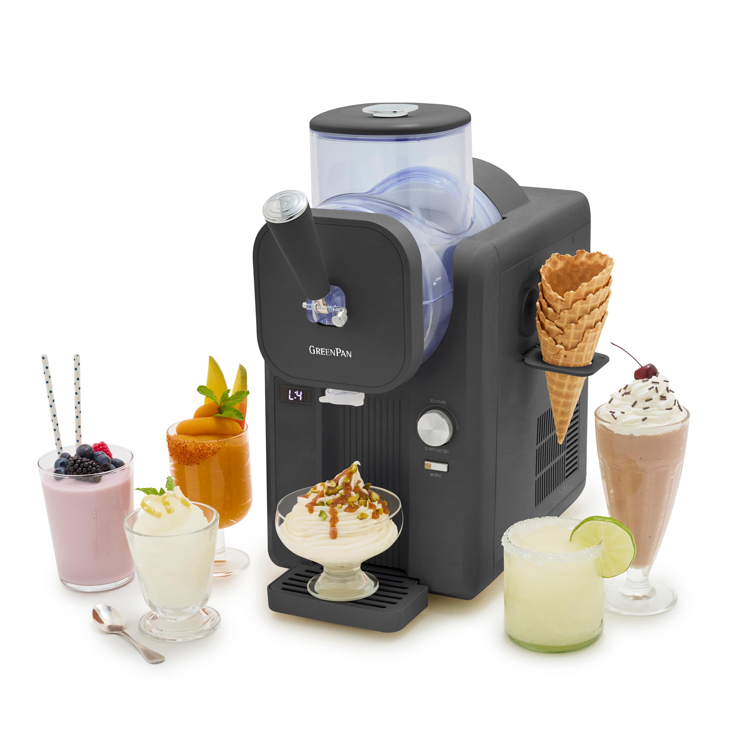 GreenPan Frost Gelatiera e Macchina Slushy, Gelato Soft Sorbetti Milkshake Frozen Yogurt, Senza Precongelamento, Pronta in 15 Min, 15-in-1, 6 Modalità, 7 Texture, Autopulente, Bianco