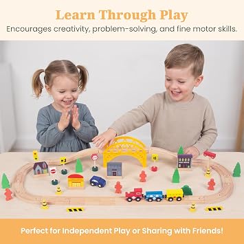 60Pcs Train Set for 3 Year Old Boys, Double-Side Wooden Train Set Tracks for Toddlers, Fits Brio, Thomas, Melissa and Doug, Kids Wood Train Toys for 3 4 5 Year Old Boys and Girls (Yellow)