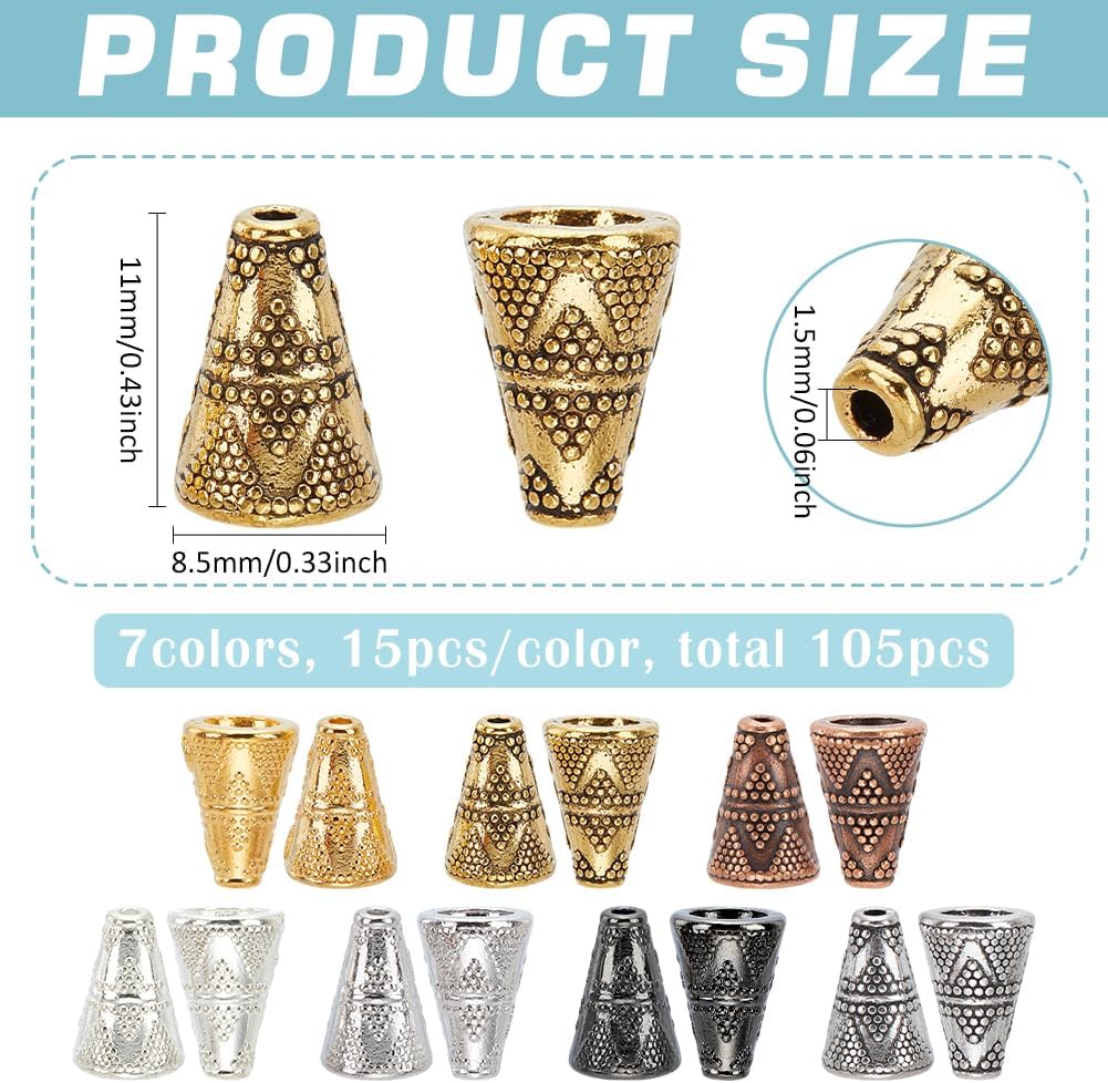 PH PandaHall 105pcs Cone Bead Caps Antique Spacer Beads, 7 Colors Vintage Tibetan Style Alloy Bead Caps Spacers Tassel End Cap for Earring Necklaces Keychain Jewelry Making DIY Crafts